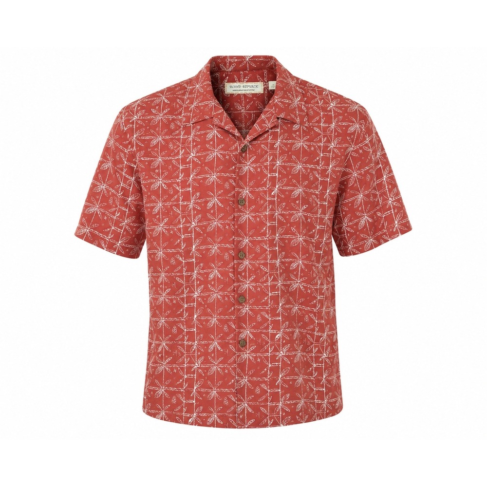 Island‎ Republic Mens XL Red Silk Tropical Palm Leaf Print Button Down Shirt Y2K